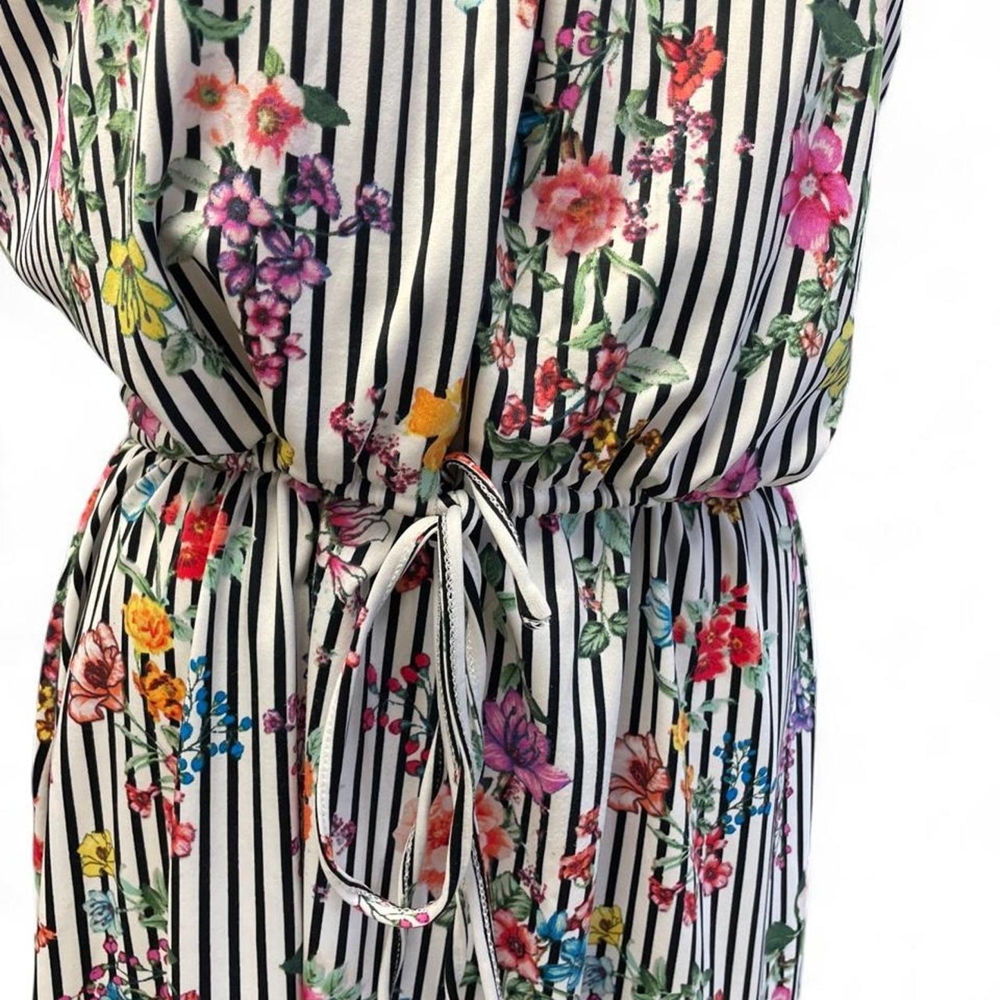 White black striped floral dress