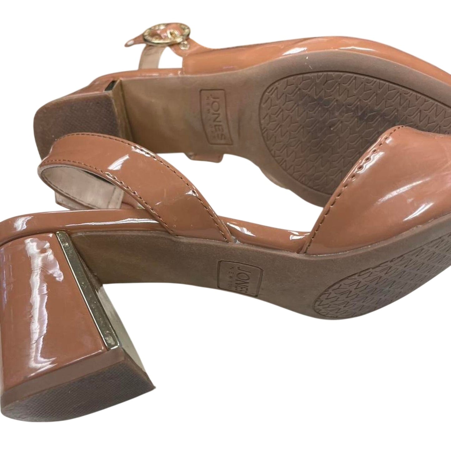 Tan patent leather slingback heels