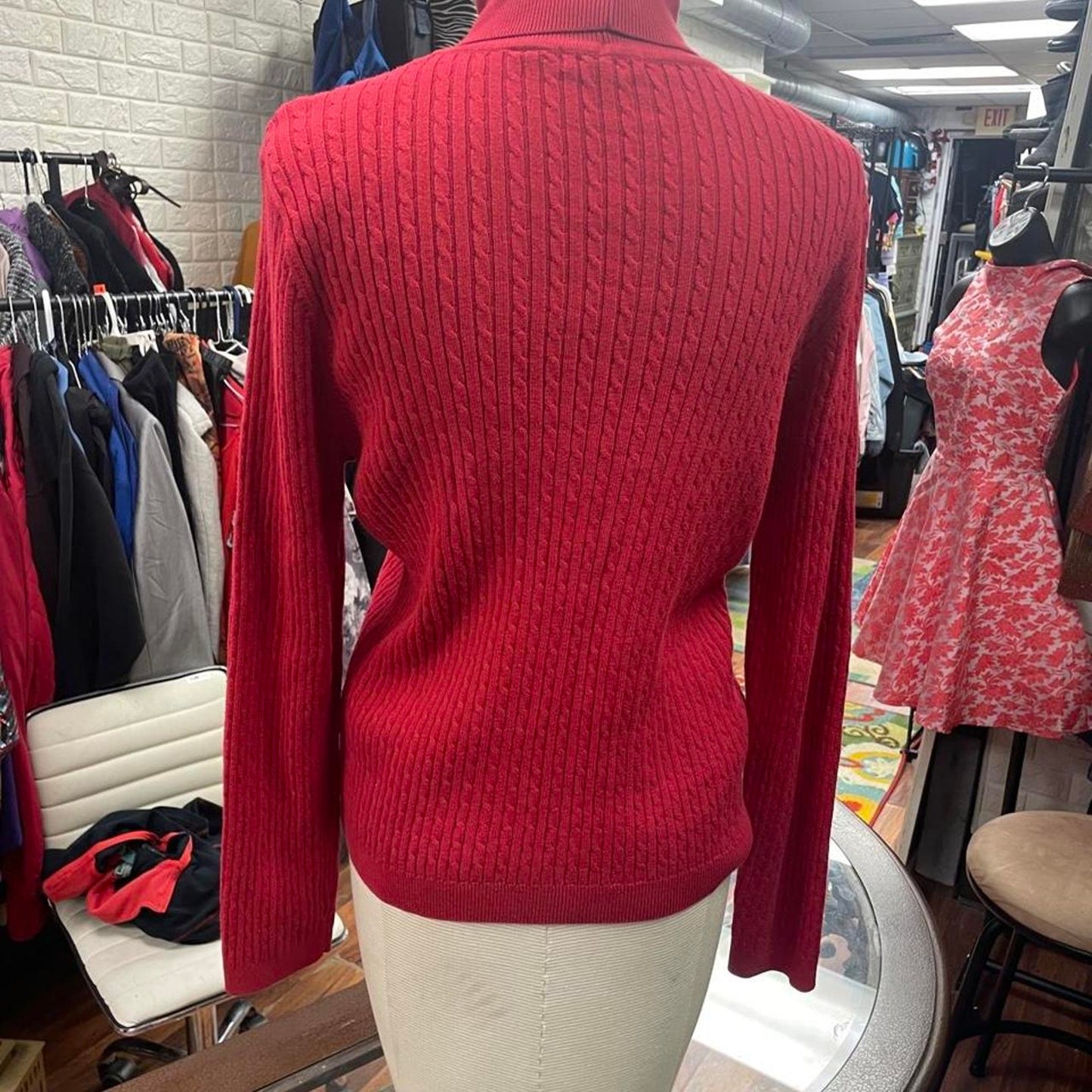 Red cable knit turtleneck sweater