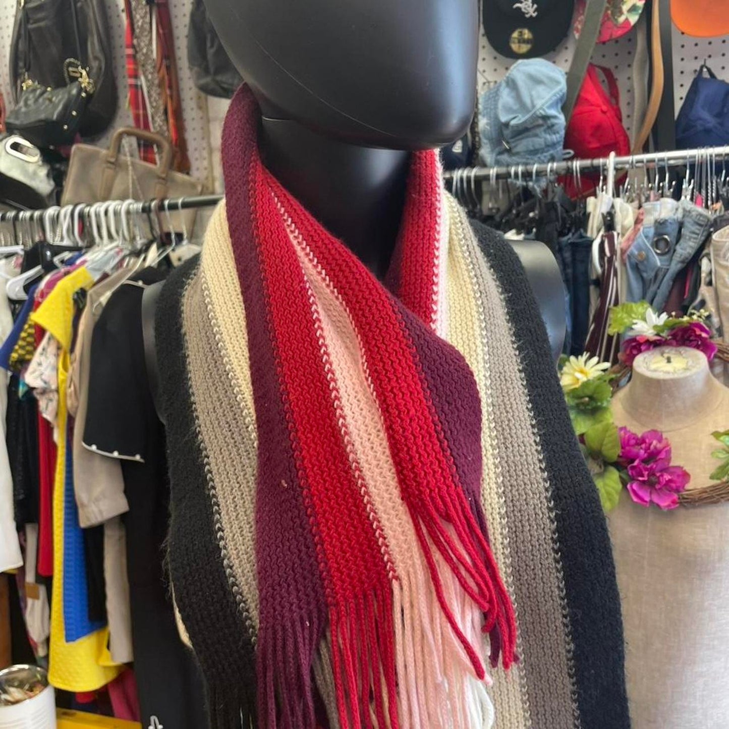 Striped knit scarf with fringe