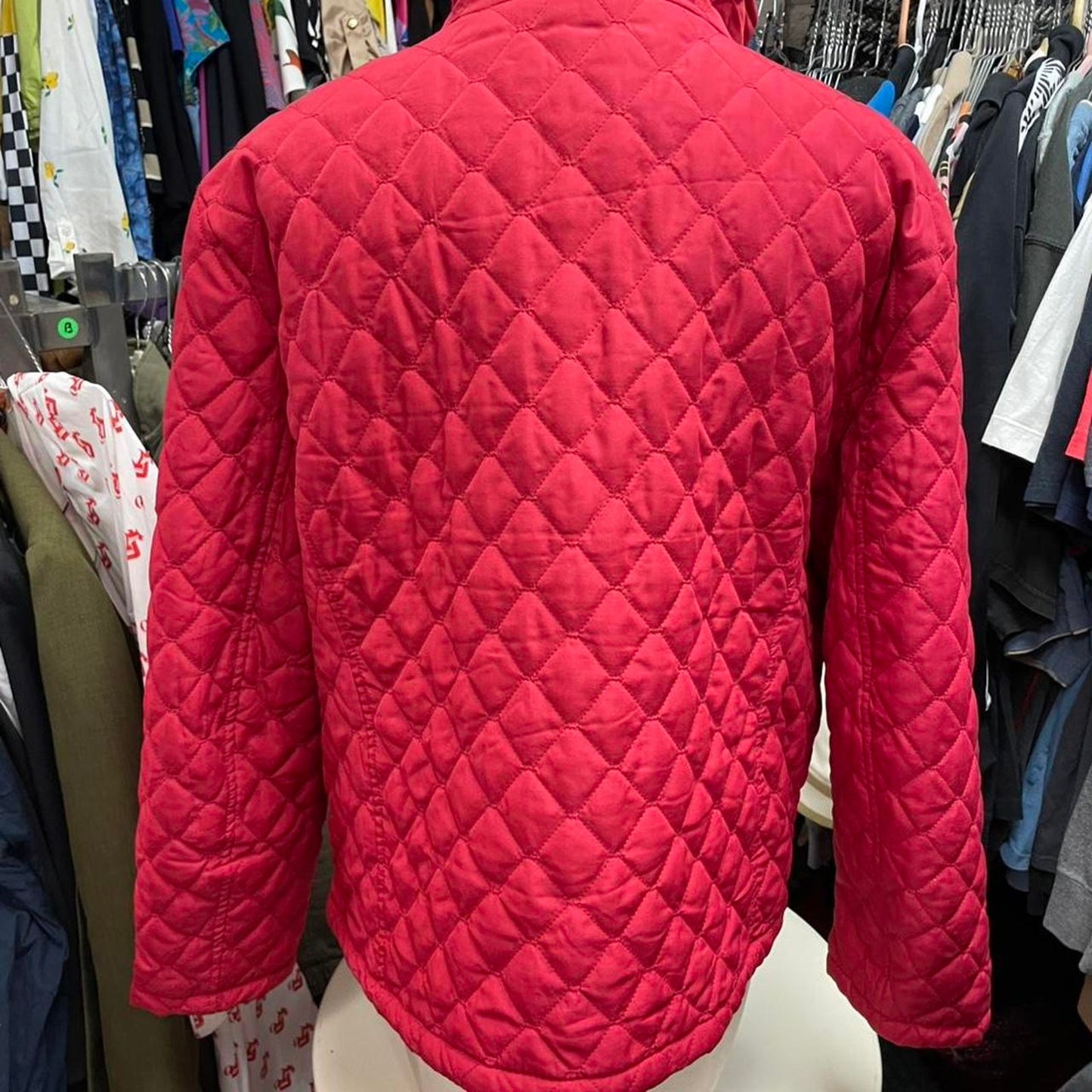 Red quilted jacket with zipper