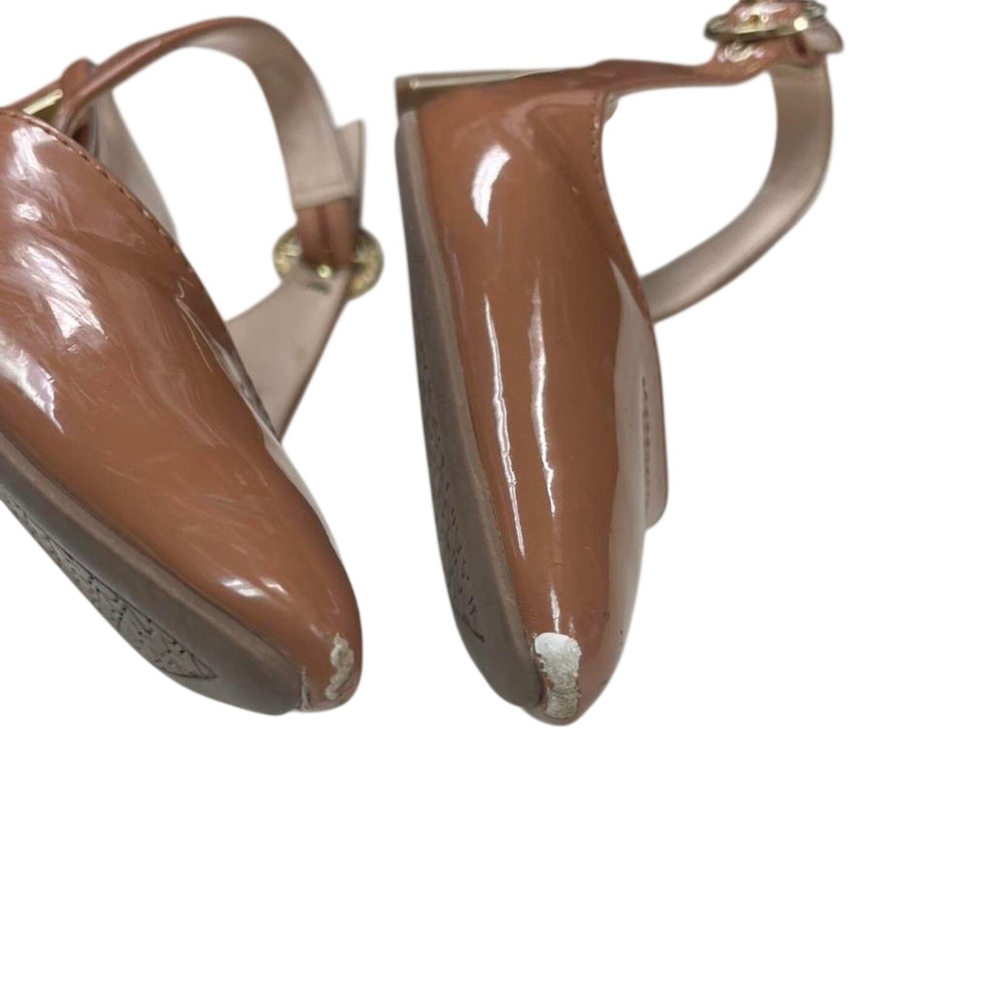 Tan patent leather slingback heels