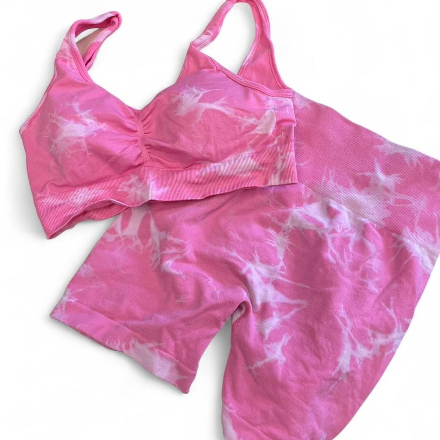 Pink tie dye sports bra and