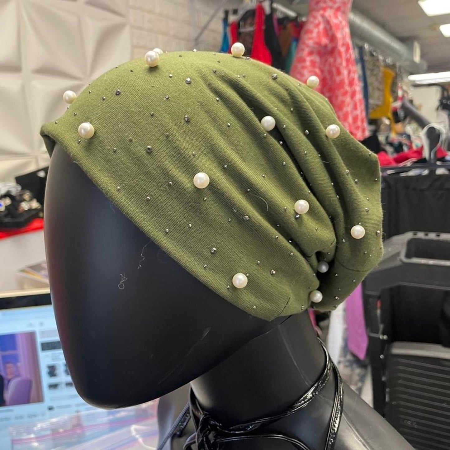 Green beaded and pearl embellished