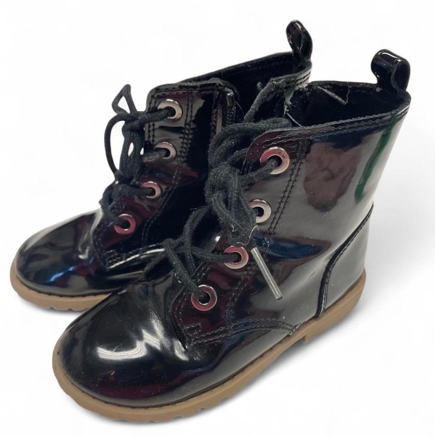 Black patent leather lace up boots