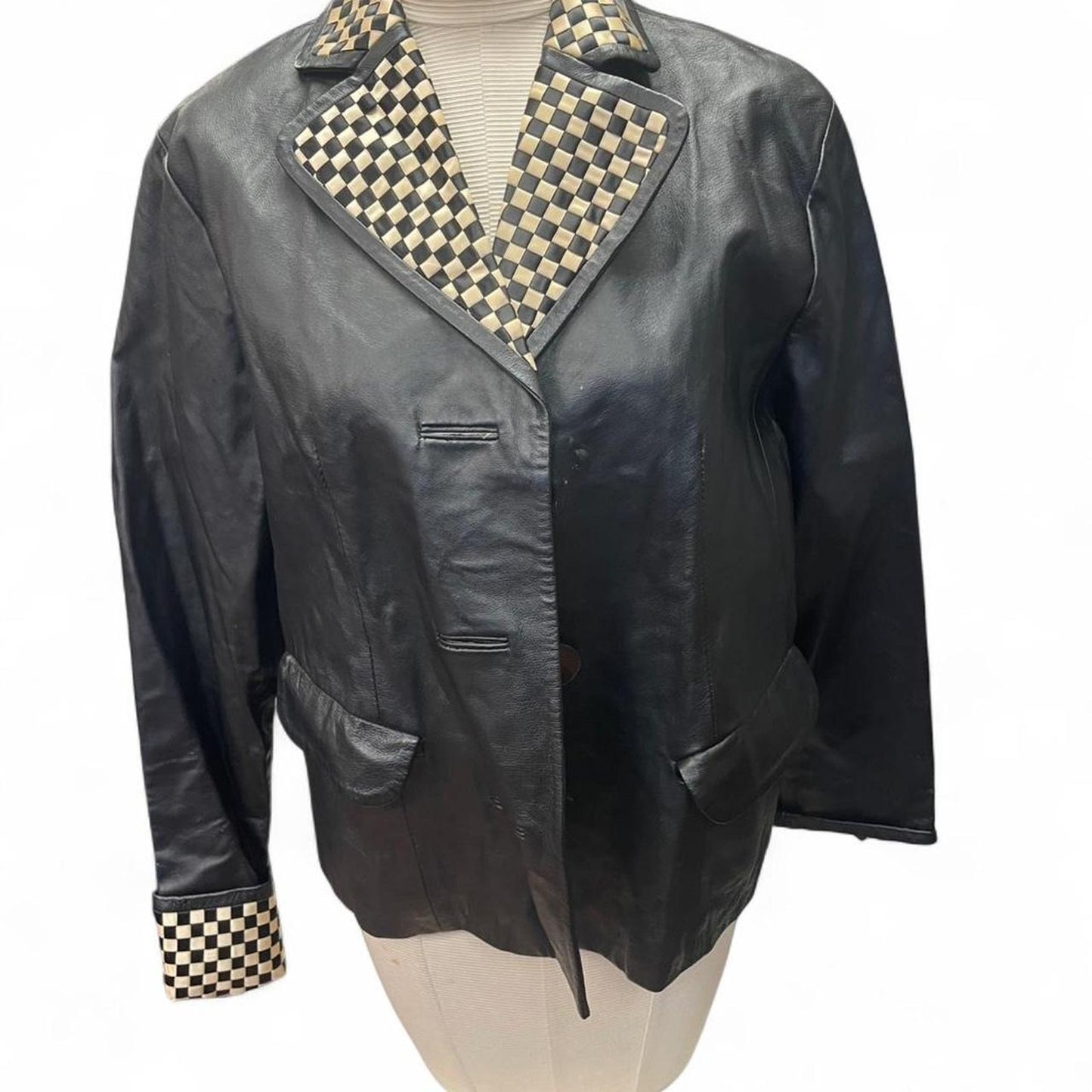 Black leather blazer with checkered