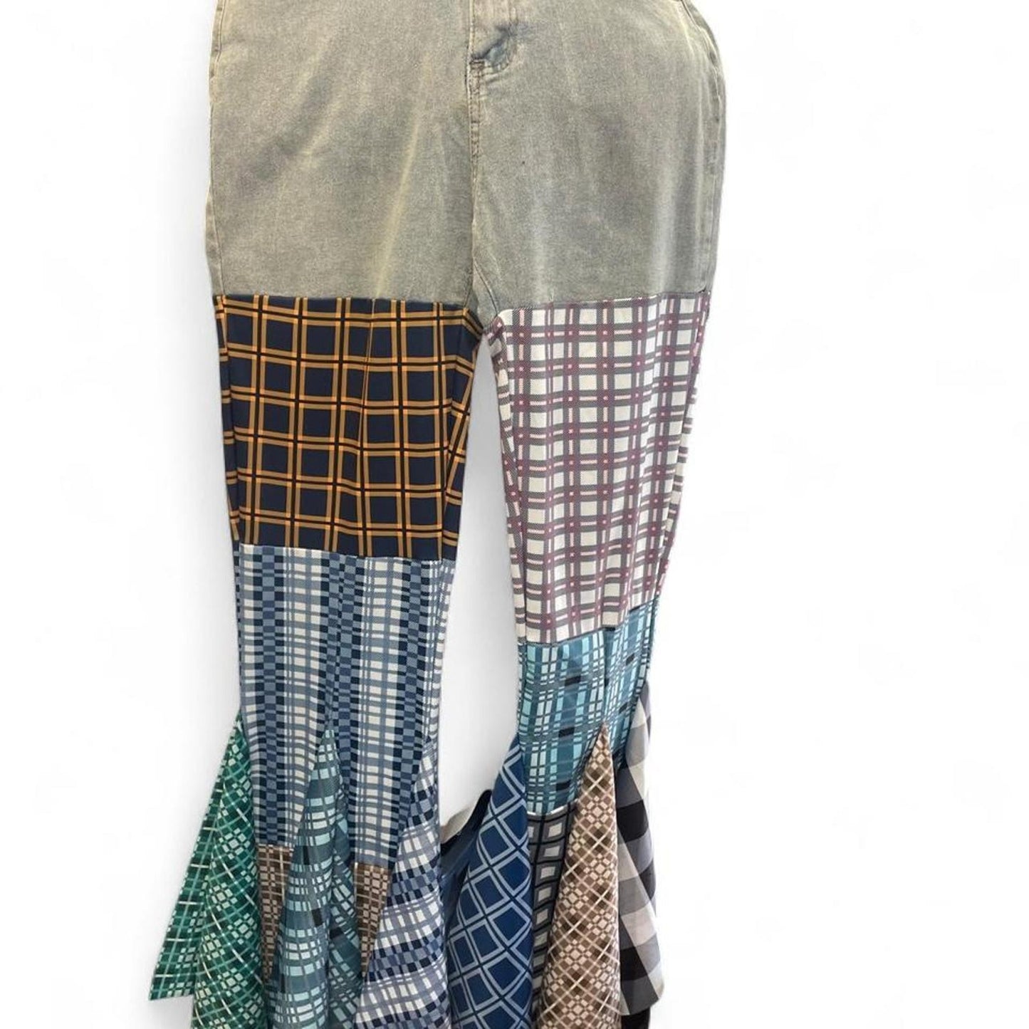 Patchwork denim shorts with plaid