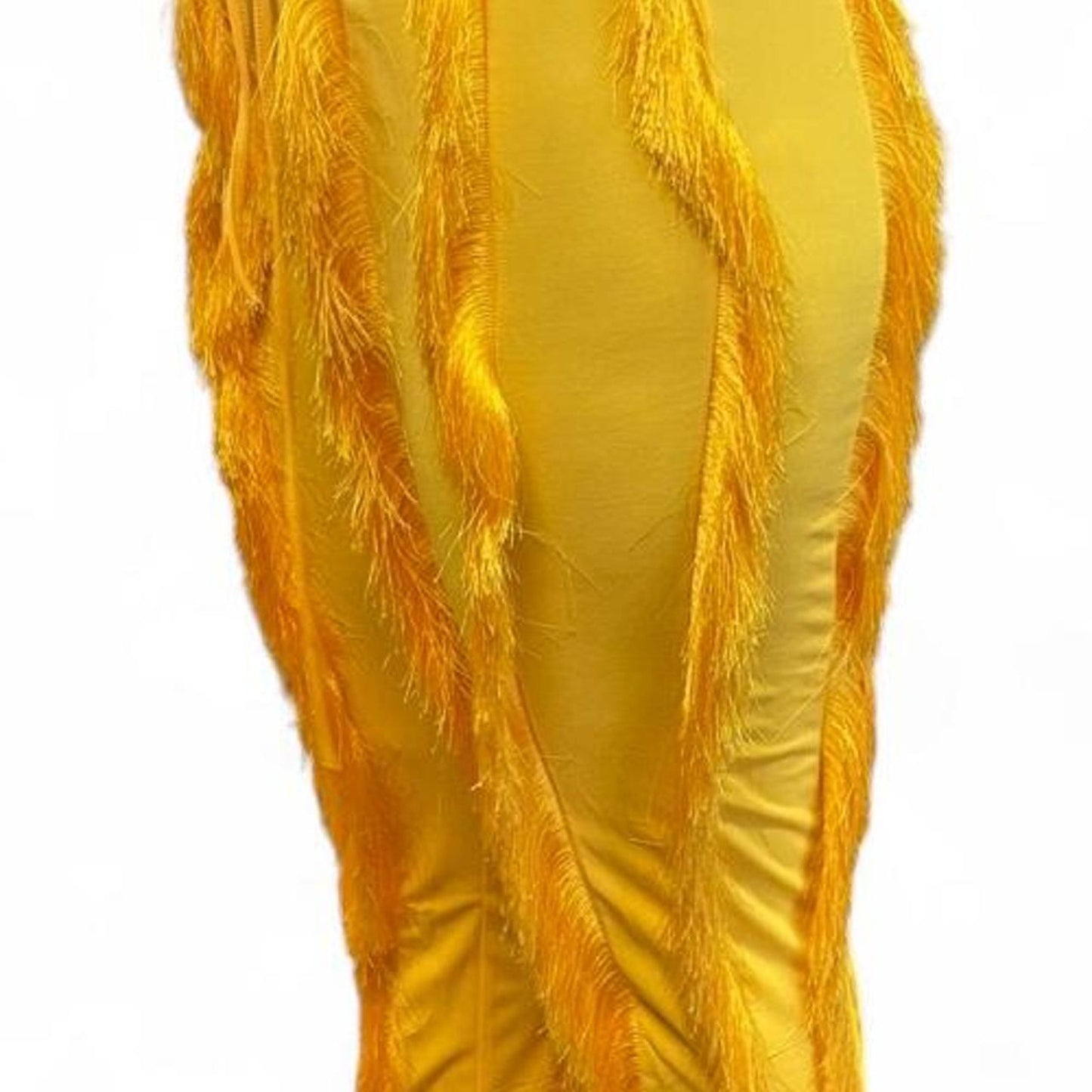 Yellow feathered pants with fringe