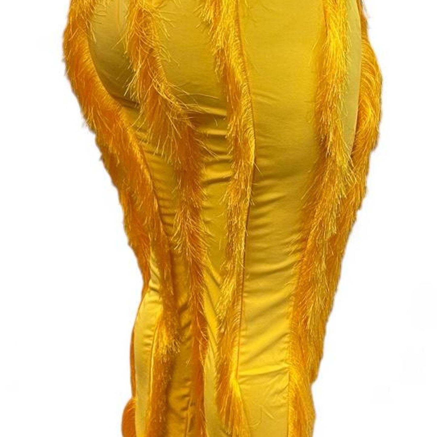 Yellow feathered pants with fringe