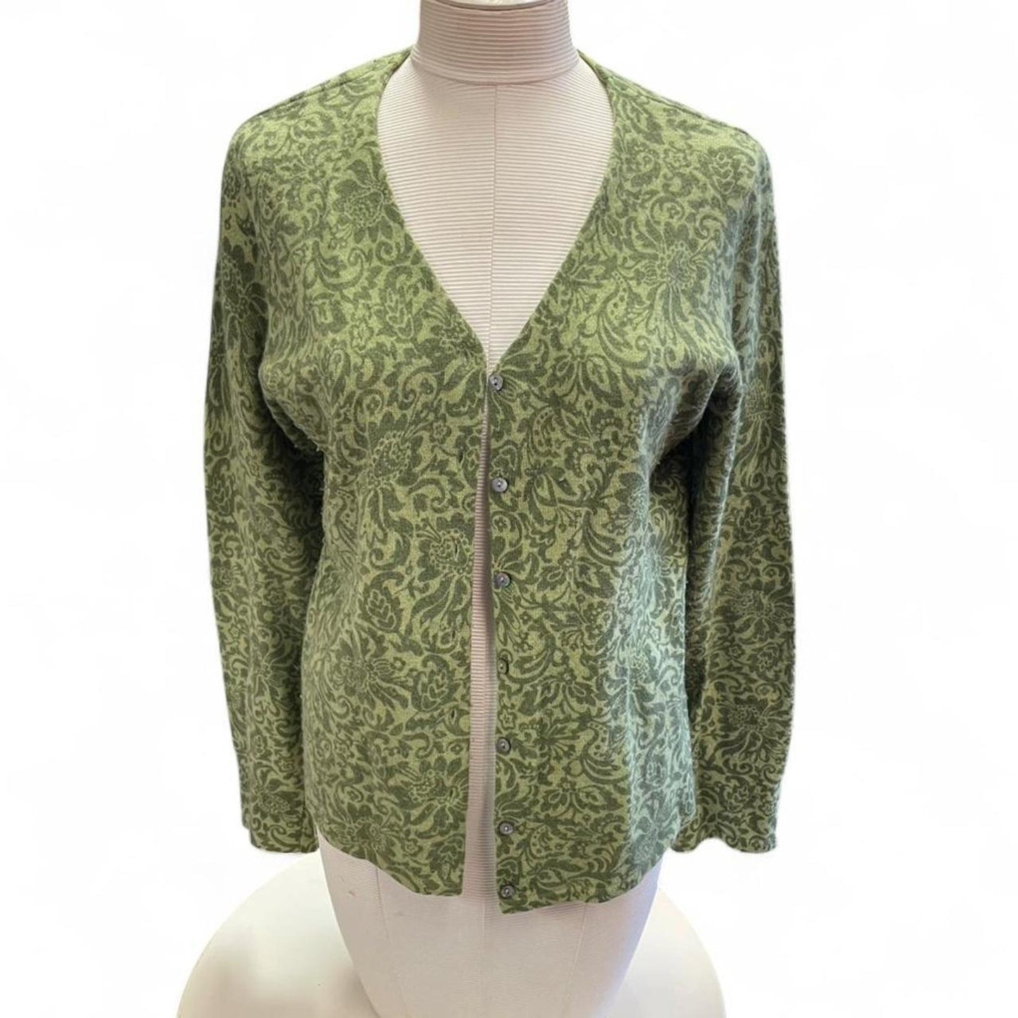 Green paisley cardigan with button up