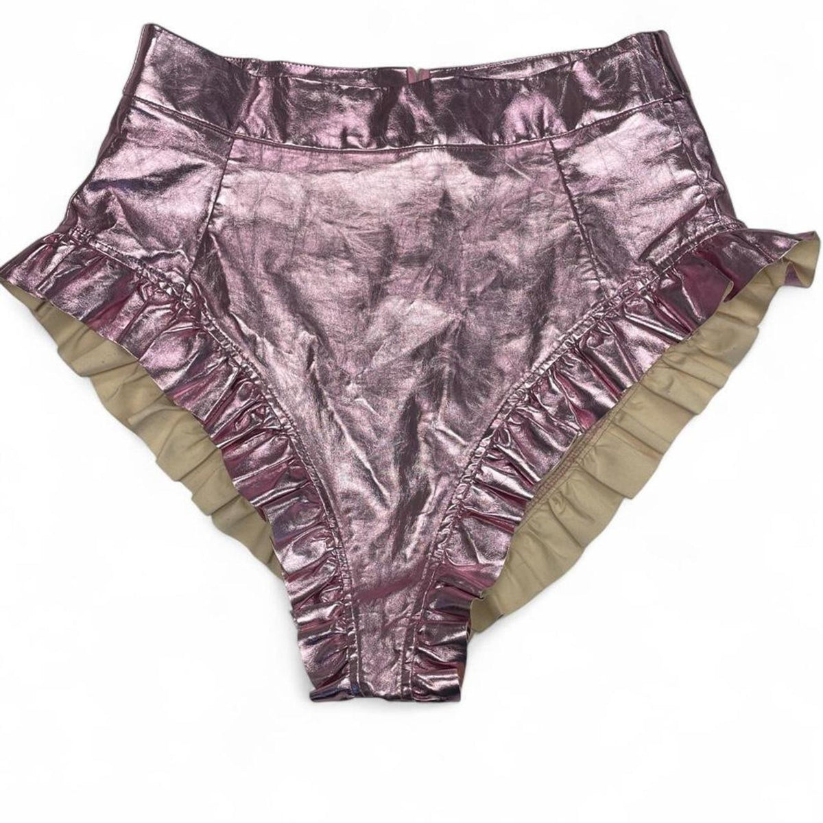 Pink metallic ruffle high waisted shorts