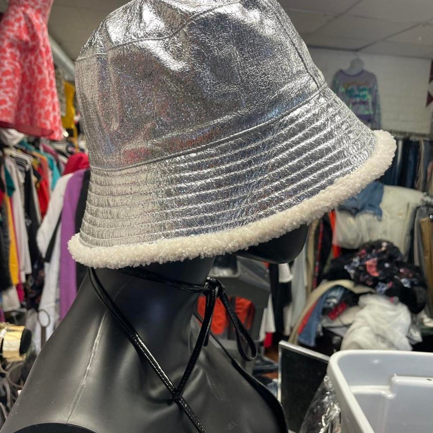 Silver metallic bucket hat with