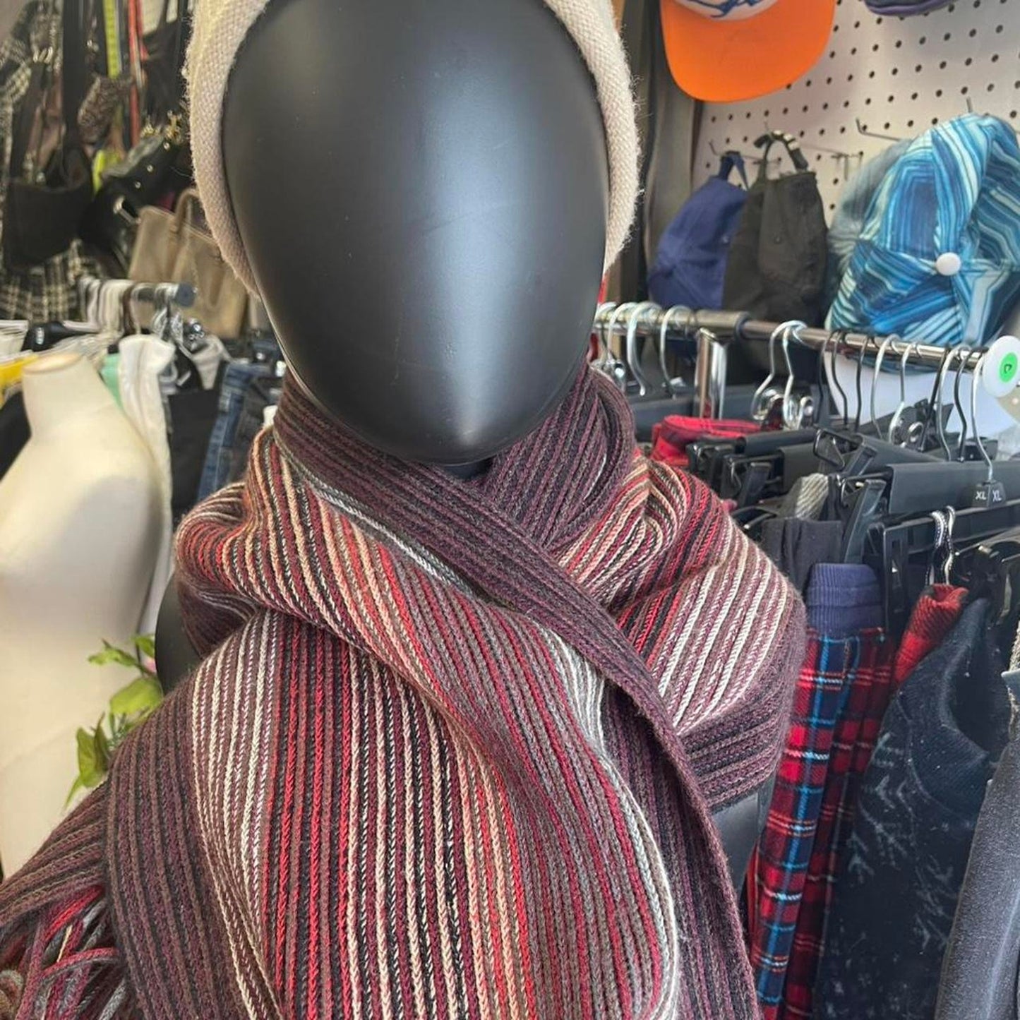 Cream red striped scarf and hat