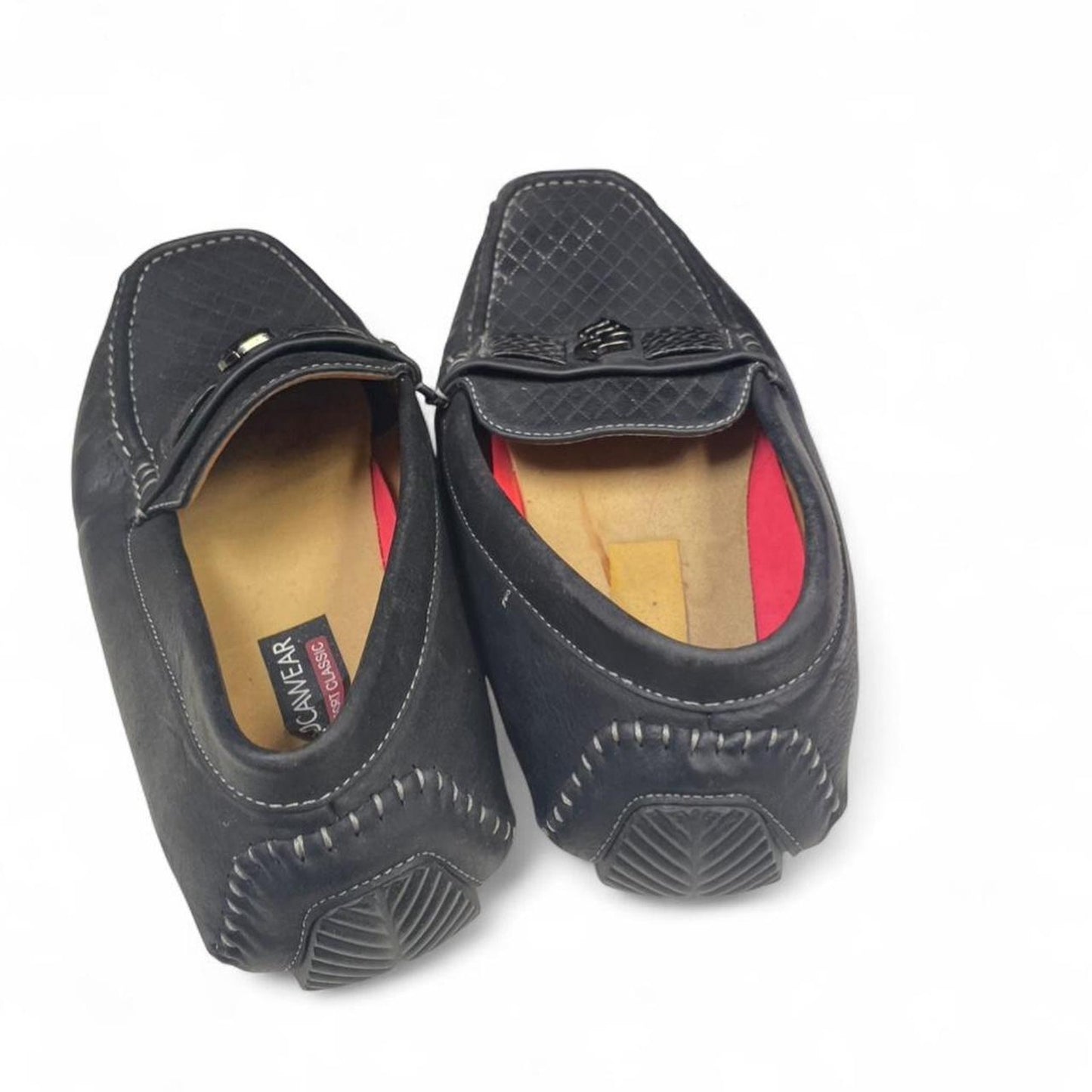 Black leather loafers with silver