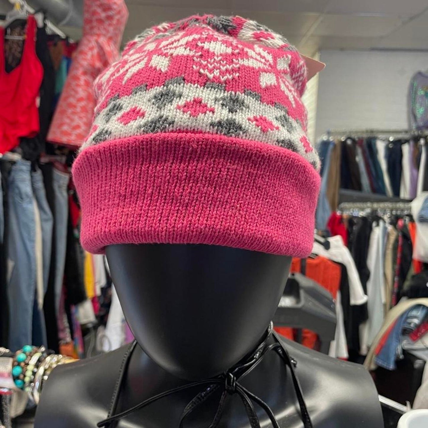 Pink and white snowflake patterned