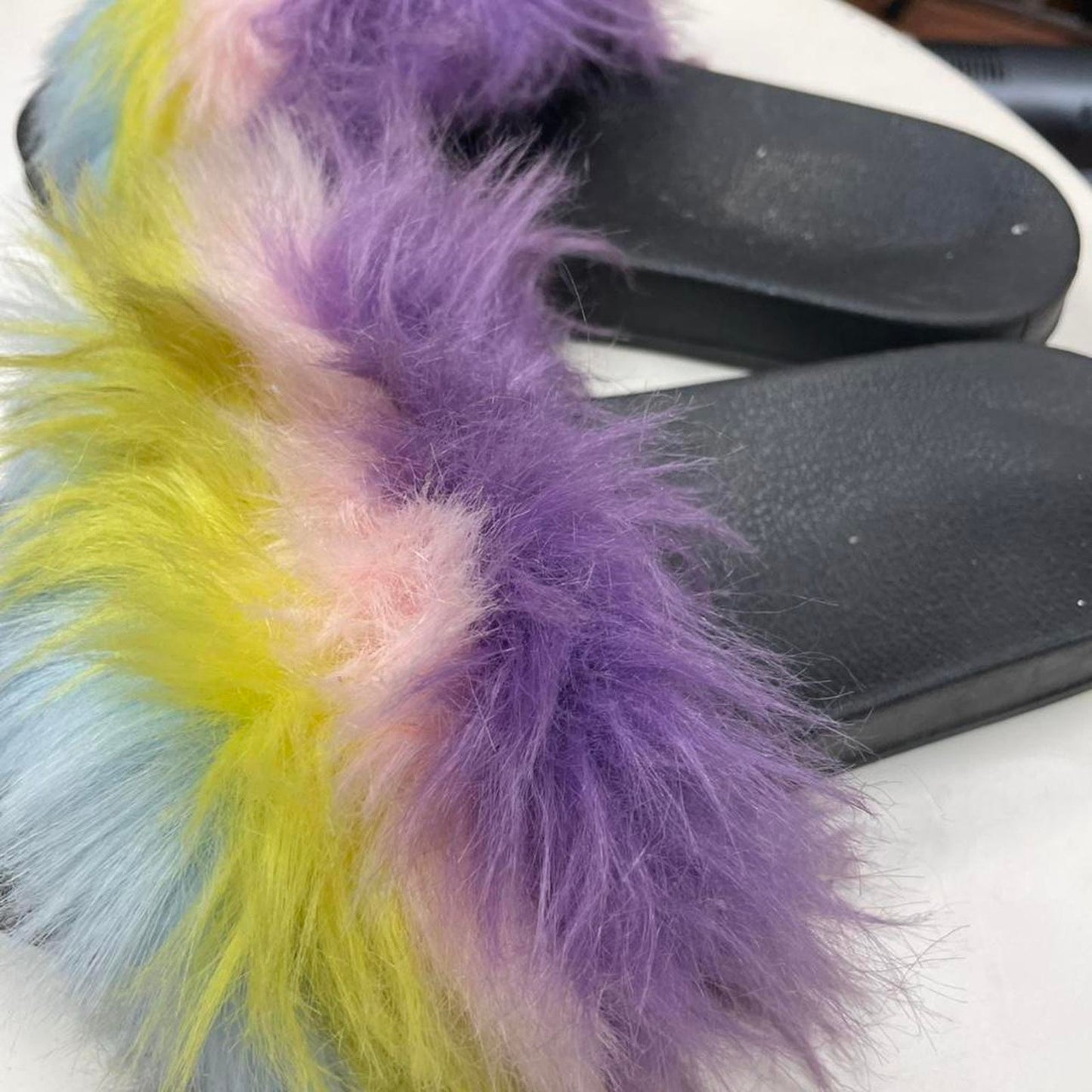 Pastel rainbow fur slides pastel