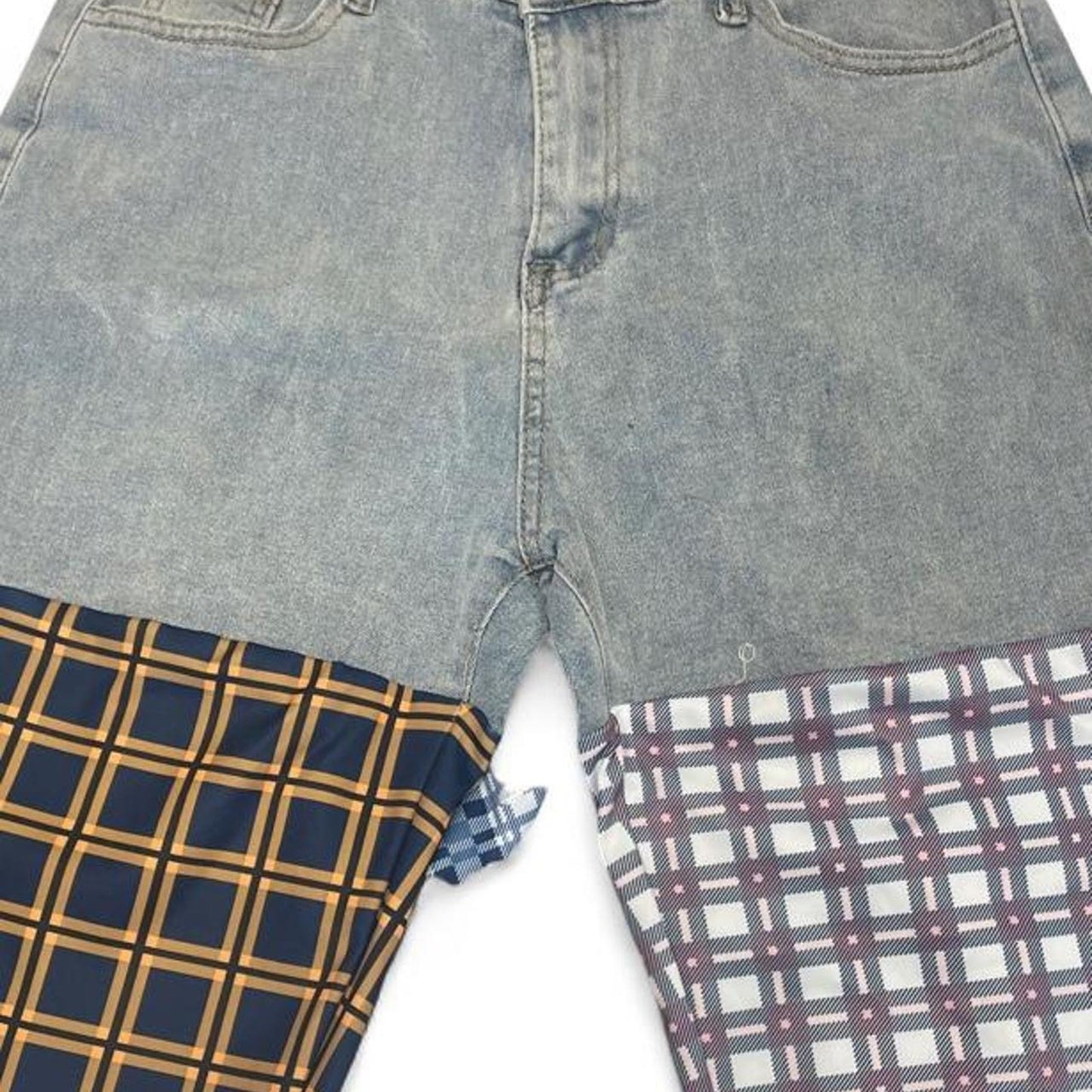 Patchwork denim shorts with plaid