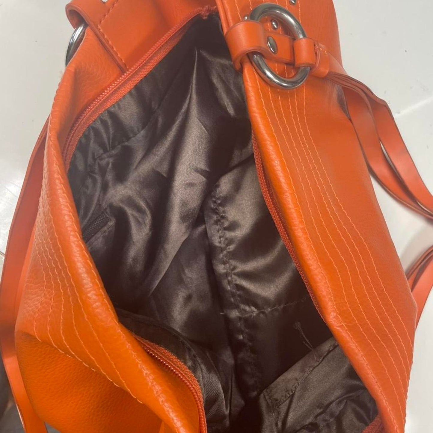 Orange leather tote bag with