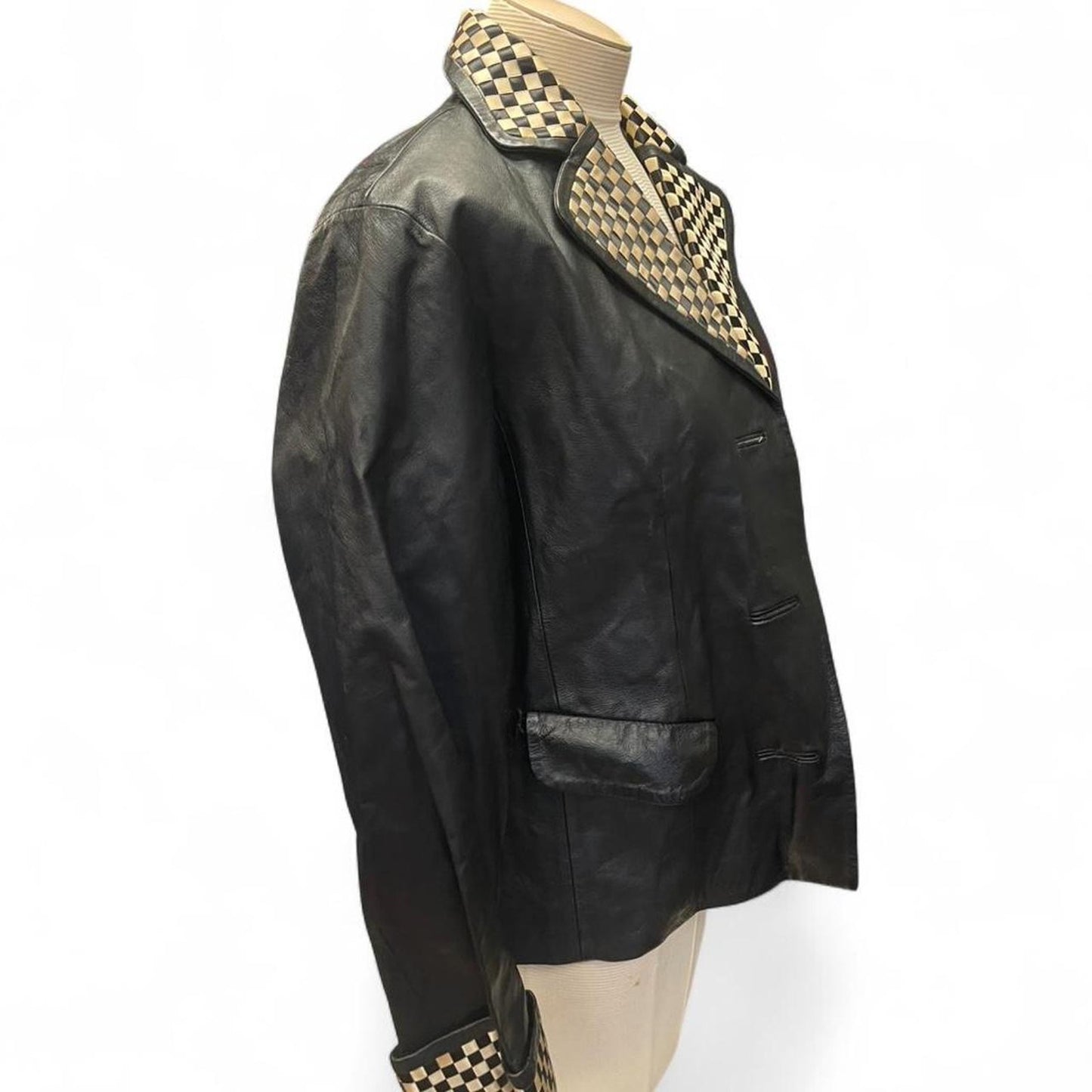 Black leather blazer with checkered