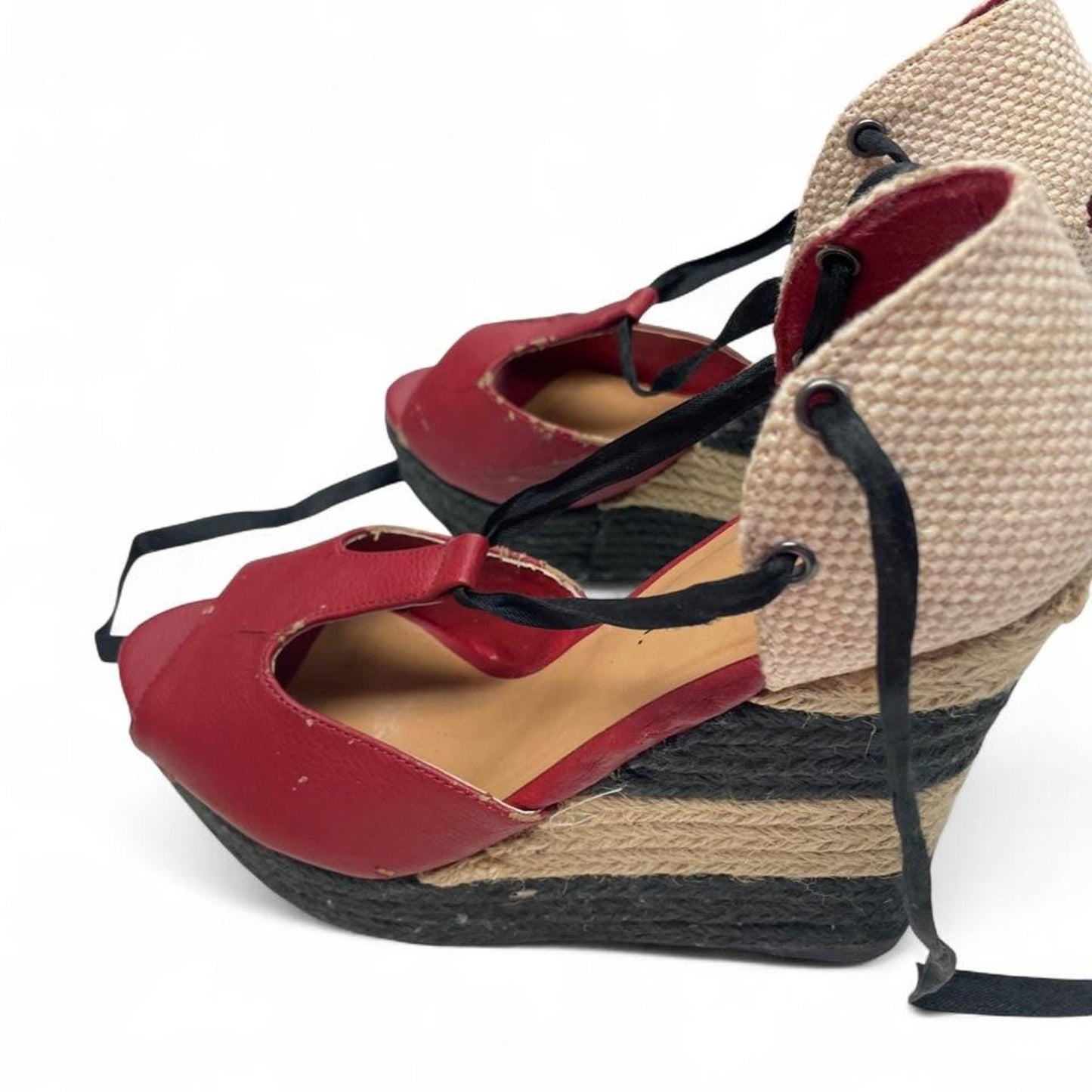 Red leather wedge sandals
