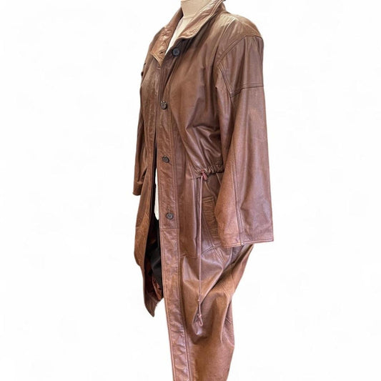 Brown leather trench coat