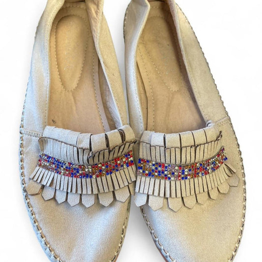 Cream suede fringe loafers with
