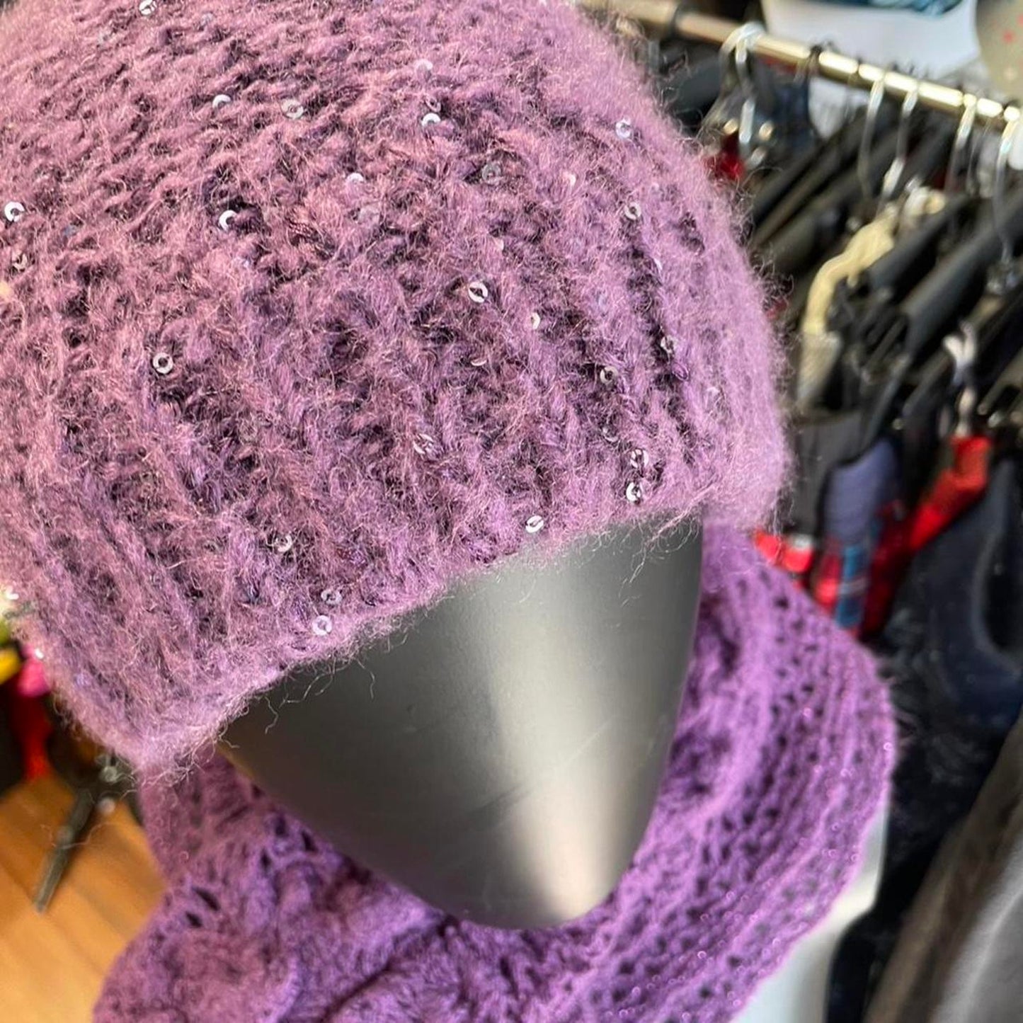 Purple sequin knit beanie and