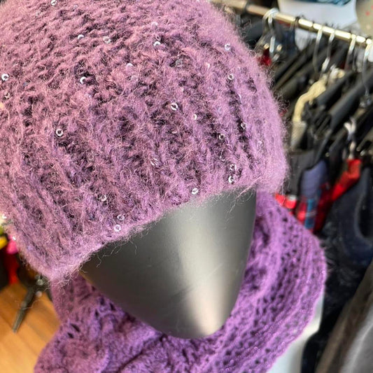 Purple sequin knit beanie and