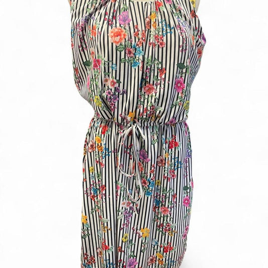 White black striped floral dress