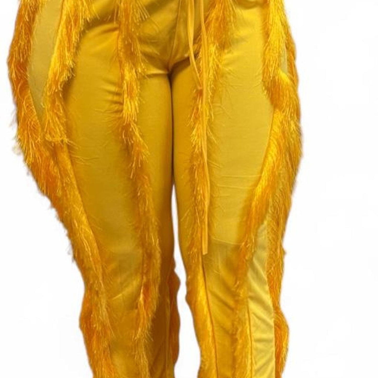 Yellow feathered pants with fringe