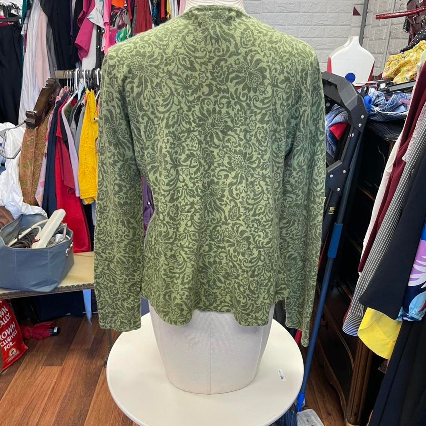 Green paisley cardigan with button up