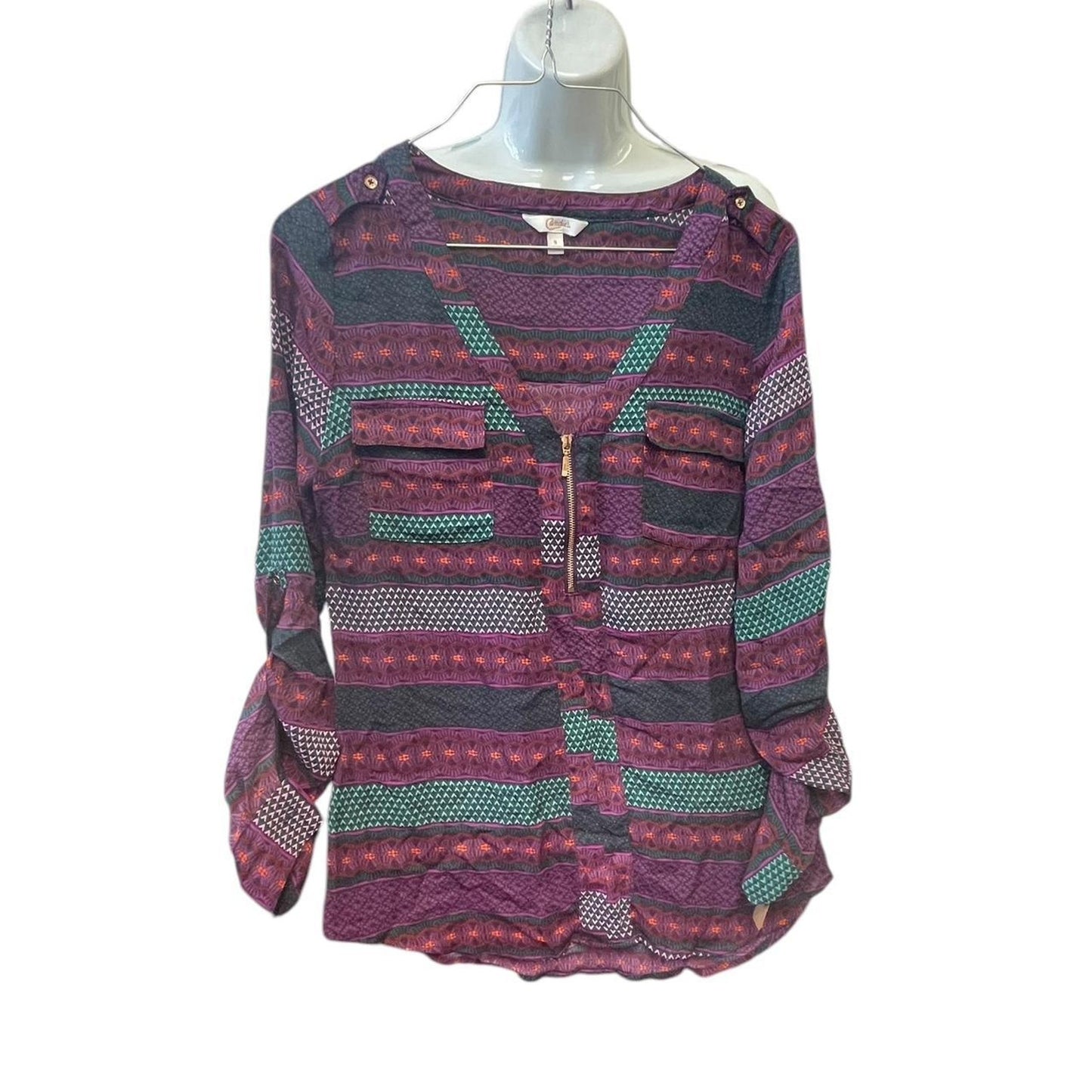 Purple and green striped blouse
