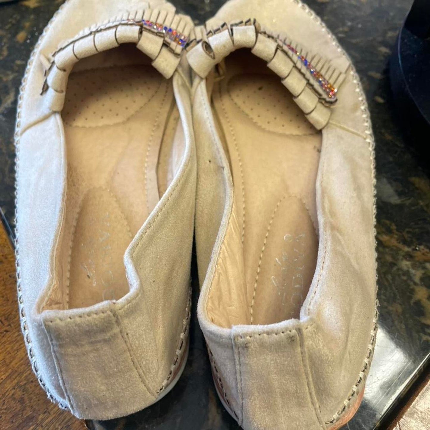 Cream suede fringe loafers with