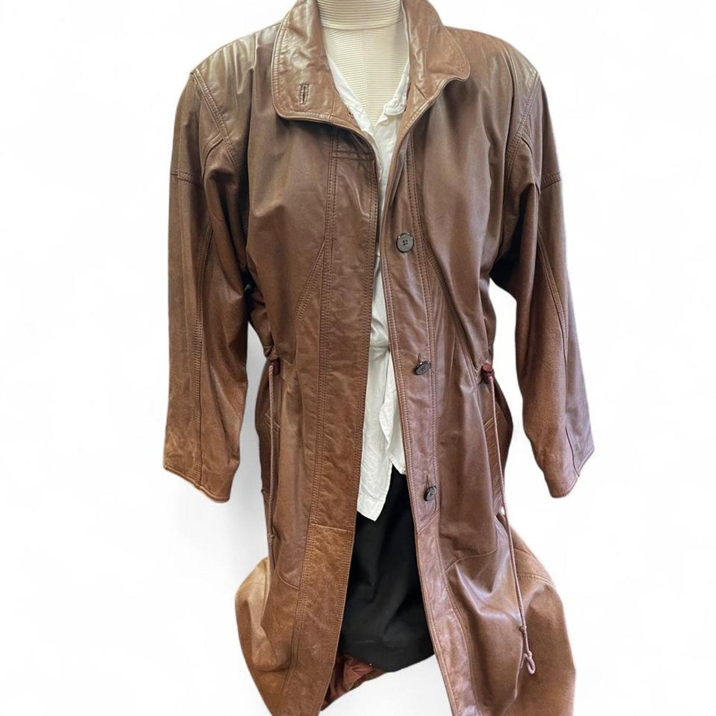 Brown leather trench coat
