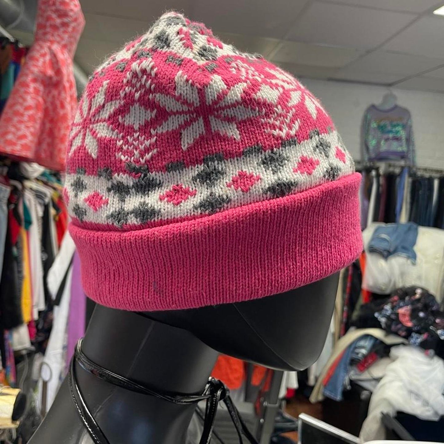 Pink and white snowflake patterned
